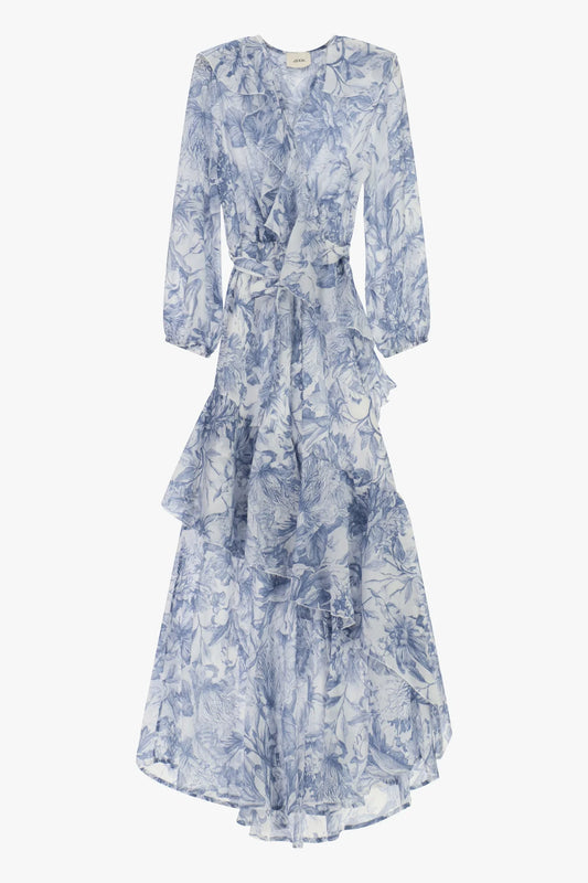 ABITO LUNGO CON STAMPA FLOREALE E VOLANT ASIMMETRICI