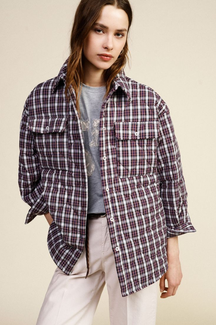 Shirt jacket trapuntata stampa a quadri tasche frontali