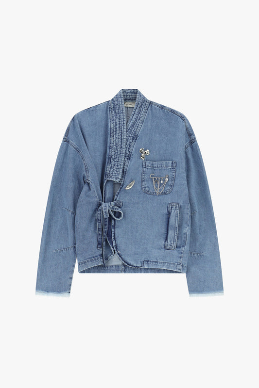Denim jacket con chiusura incrociata e taschino