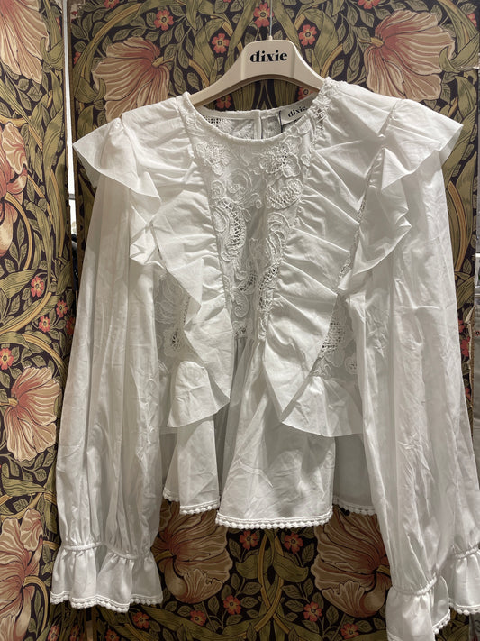 BLUSA LEGGERA CON MANICHE LUNGHE E VOLANT 100%cotone