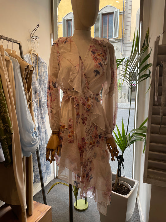 Abito corto con stampa floreale e volant