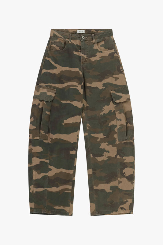 Pantaloni palazzo fantasia mimetica con tasconi laterali