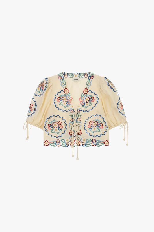 BLUSA CORTA CON RICAMO FLOREALE E LACCETTI