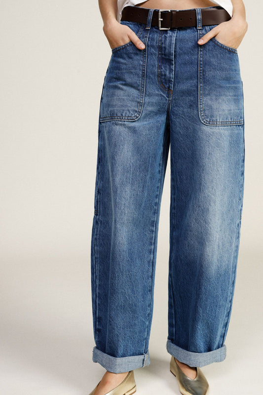 Jeans balloon fit con tasche frontali e risvolto