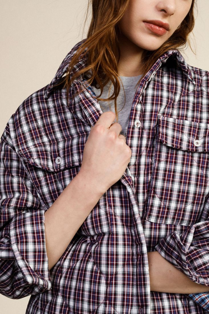 Shirt jacket trapuntata stampa a quadri tasche frontali