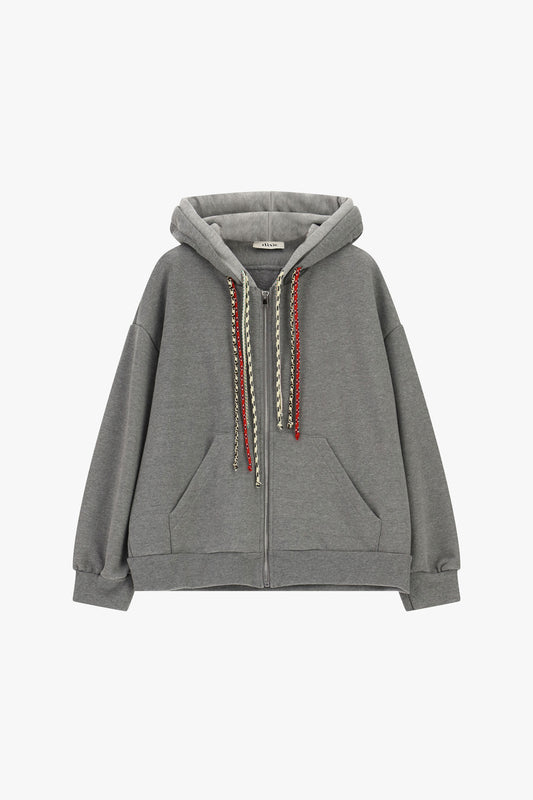 FELPA CON CAPPUCCIO E ZIP, COULISSE INTRECCIATE
