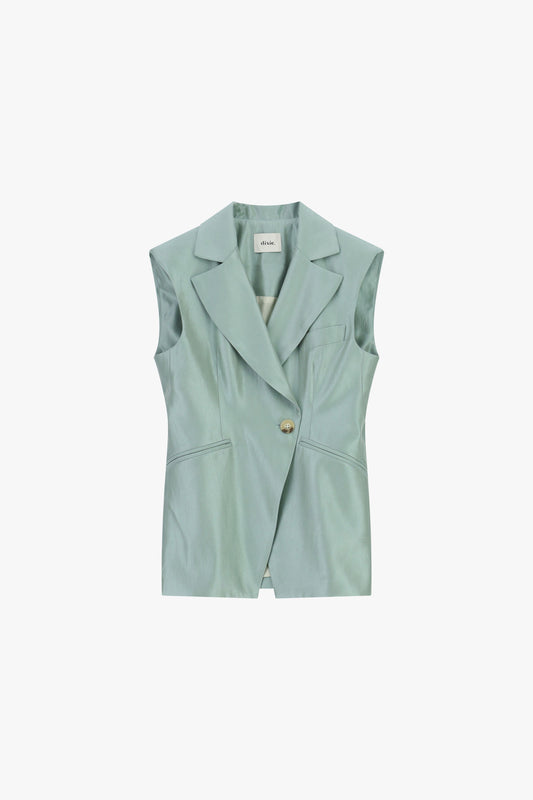 Completo con  giacca smanicata e pantaloni palazzo con pieghe e tasche laterali