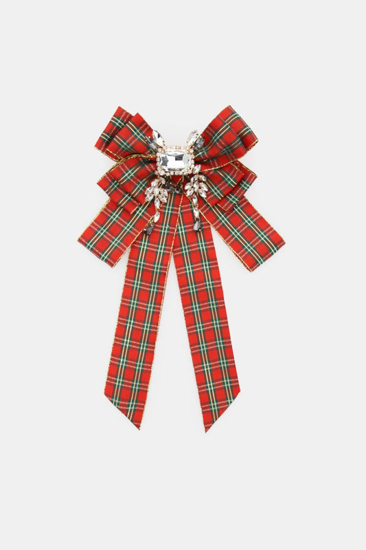 Spilla con fiocco tartan e dettaglio gioiello