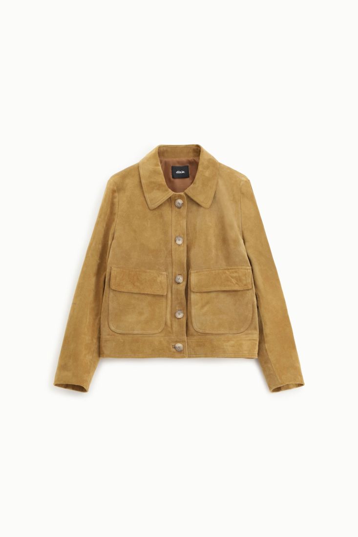 Giacca in pelle con tasche frontali e bottoni