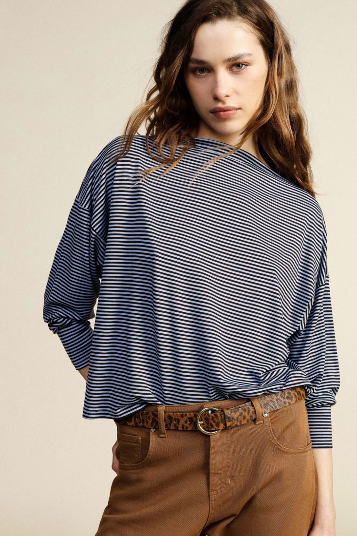 T-shirt a righe girocollo manica lunga relax fit