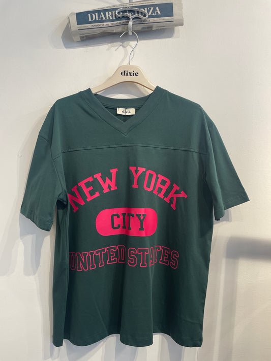 T-shirt stampa new york con scollo a v