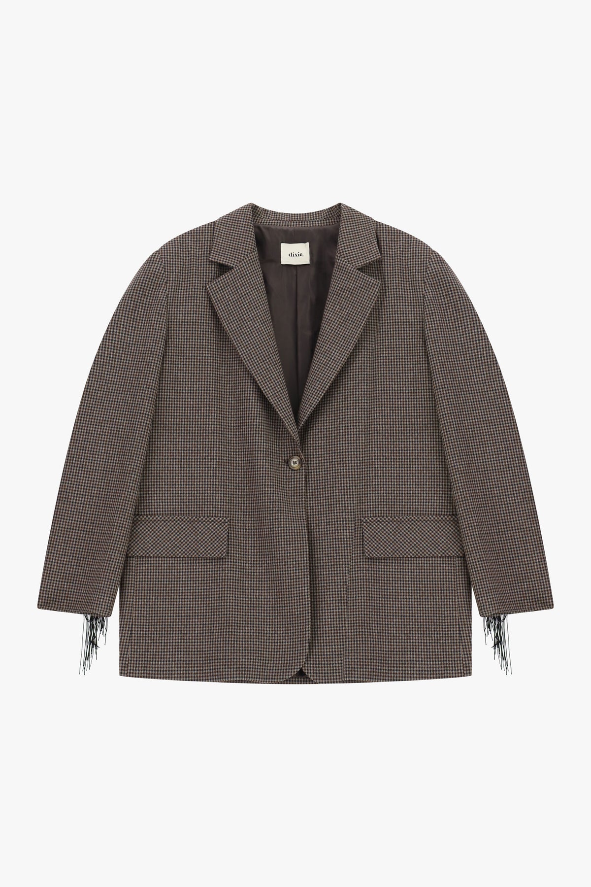Blazer a quadretti con frange decorative e tasche