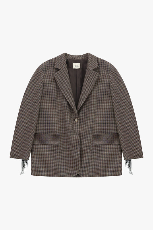 Blazer a quadretti con frange decorative e tasche
