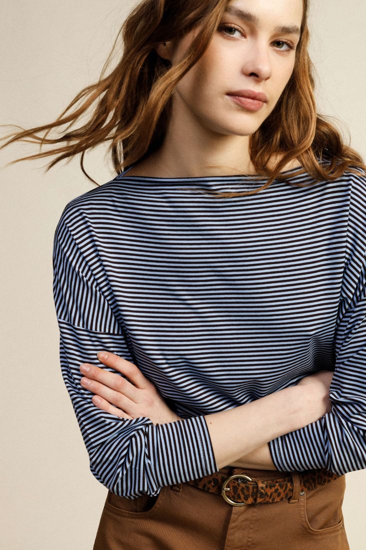 T-shirt a righe girocollo manica lunga relax fit
